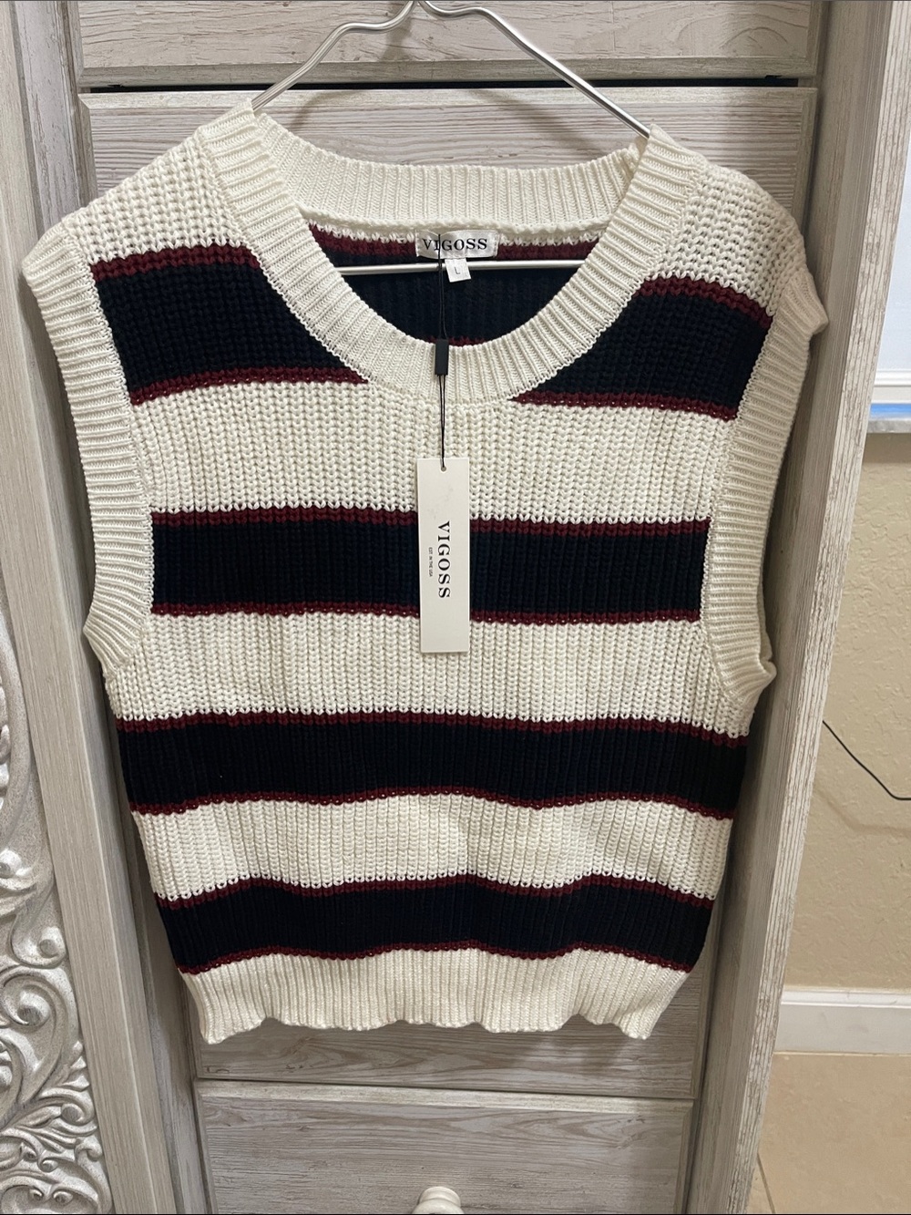 Vigoss Cream Black and Burgundy Striped Knit Sleeveless Sweater Vest